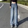 Kvinnor byxor Spring ljusblå jeans icke-stretch tredimensionell rombisk hög midja lösa löst breda ben bantar rakt