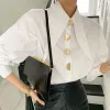Women's Blouses Designer Metal Buttons Spring Blouse Women Lantern Sleeve White Shirts Tops Turn Down Collar Korean Top Elegant Office