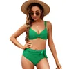 Women's Swimwear Women Pleated Cross Swimsuit Two Piece Solid Color Textured Chest Sexy Backless Bow With Underwire And Breast Pads