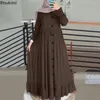 Etnische Kleding Vrouwen Moslim Lange Jurken Mode Vintage Bloemblaadje Mouw Ruche Zoom Zonnejurk Vrouwelijke Casual Katoen Linnen Maxi Jurk Gewaad