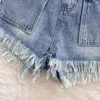 Kvinnors shorts söta jean korta fickor Stringy selvedge hög midja byte koreansk stil solid färg vintage streetwear sommar dropship