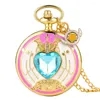 Pocket Watches Heart Shaped Pink/Purple/Blue Stone Gold Quartz Necklace Anime Student Girl Gift Elegant Charm Pendant Clock