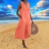 Casual Dresses Summer Cotton Linen Women's Long Dress V-ringficka Löst kvinnlig trendig mode Holiday Beach Clothes Ladies