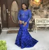 Royal Blue Black Girls Mermaid Prom Dress Long Sleeve Beads Lace African Formella aftonklänningar plus storlek Nigerian Party Dress Robes de Bal