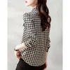 Primavera outono elegante moda houndstooth impressão rendas até camisa senhoras manga longa temperamento all-match blusa femme cardigan topo 240308