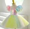 Красочные драгоценности длиной до колена, тюлевые платья с цветочным узором для девочек, бальное платье с короткими рукавами, детская официальная одежда