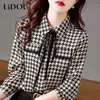 Primavera outono elegante moda houndstooth impressão rendas até camisa senhoras manga longa temperamento all-match blusa femme cardigan topo 240308