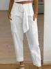 Pantaloni da donna in cotone e lino Pantaloni eleganti da donna a vita media Tasche con stampa floreale retrò vintage Pantaloni casual da ufficio da lavoro femminile