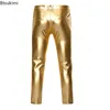 Men's Pants 2024 Mens PU Faux Motorcycle Straight Leg Trousers Shiny Silver Coated Metallic Men Nightclub Stage Costume