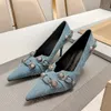 With Box Latest fashion canvas high heels Pointy pump 9cm dress Dinner shoes Luxury Designer slippers Belt buckle nail embellished formal shoes Eur35-Eur42