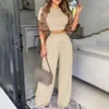 Verano elegante mujer sólido casual fitness chándal conjunto trajes manga corta crop tops pantalón pantalones acampanados 2 dos piezas 240320