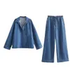 ZA 여자 도매 스프링 새 세트 씻은 블루 데님 셔츠+탄성 높은 허리 와이드 다리 바지 1209427