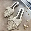 Kleid Schuhe Luxus Große Strass Bogen Sandalen Frauen Spitze Schwarz/Silber Kristall Knoten Slides Frau Glitter Flip Flops Größe 41