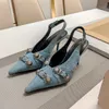 Yeni Kadın Slingbacks Pompalar Tasarımcı Ayakkabı 9cm Topuklu Sandal Mavi Denim Tuval Vintage Slaytlar Terlik Motosiklet Ayakkabıları Düz ​​Mule Noktalı Ayak Ayak Parçası Etkisi 2024 Kutu