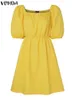 Grundläggande avslappnade klänningar Vonda Summer Mini Dress Women Sexig Puff Sle Elegant Solid Color Mini Sundress 2023 Casual Loose Square Collar Beach Robec24315