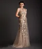 2019 Krikor Jabotian Neuankömmling Abendkleider Sexy Meerjungfrau Sheer Crew Gold Applikation Abendkleider Tüll Ballkleider3696016