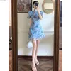 Roupas étnicas 2024 verão francês manga curta moderno vestido chinês melhoria cheongsam menina azul impressão moda vestidos qipao