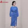 Arbetsklänningar 2024 Autumn Korean Fashion 2 Pieces Set Woman O Neck Long Sleeve Knutt Löst kort tröja Pleated Split Pencil kjol