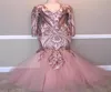 2019 Blush Pink Sequined Mermaid Prom Dresses Sexy Shinny Long Sleeve Formal Party Gown Plus Size Trumpet Pageant Dress Custom Mad9119311