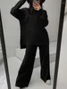 Calças femininas de duas peças conjuntos elegantes 2024 outono inverno gola alta malha pulôver camisola conjunto moda casual solto calça cintura alta