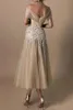 Modest Champagne Tea Length Mothe Dresses Elegant Off Shoulder A Line Backless Appliques Tulle Short Evening Prom Cocktail Gowns Plus Size BC16952