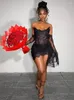 Lässige Kleider Lager 2024 Sexy Frauen Rot Schwarz Glitter Perlen Trägerlose Spitze Minikleid mit Handschuhen Abend Party Geburtstag Promi Prom