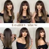 かつらeasihair long straight bangs wigs天然オンブルダークブラウン合成髪の女性用の毎日のコスプレパーティー耐火繊維