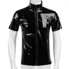 Camisas casuais masculinas plus size brilhante couro pu para homens manga curta full zippper brilhante pvc tops wetlook masculino magro camisa de látex