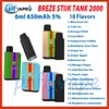 Serbatoio originale Breze Stiik 2000 Puff sigaretta elettronica usa e getta 650 mAh Bettery 6ml Mesh Coil 2% 5% Livello 22 sapori Puffs 2k kit vape