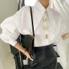 Women's Blouses Designer Metal Buttons Spring Blouse Women Lantern Sleeve White Shirts Tops Turn Down Collar Korean Top Elegant Office
