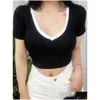 T-shirt da donna T-shirt Moda estiva Solido scollo a V Donna Manica corta Y Crop Top Donna Casual T-shirt Top Donna Nero Bianco T-shirt Otrzj