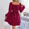 Casual Dresses Women Elegant Square Neck Mini Dress 2024 Autumn Long Sleeve Ruffle Short Ruched High Waist Formal For Robe