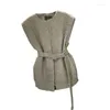 Kvinnors västar Spring Autumn Solid Color Crew Neck Zipper Sashes Fashion Simplicity Casual Loose Mid Length Version Vest Tops
