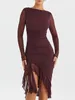 Casual Dresses Women Sexy Long Sleeve Midi Bodycon Cocktail Dress Irregular Mesh Ruffle Frill Hem Mermaid Spring