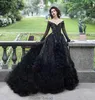 Luxury Black Lace Beaded Wedding Dresses Sheer Off The Shoulder Overskirt Feather Bridal Gowns Long Sleeves A Line Gothic robe de 6772628