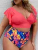 Costumi da bagno da donna Plus Size Maniche con volant Bikini a vita alta Scollo a V Push Up Costume da bagno grande 2024 Mujer Big Tummy Control