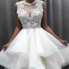 2021 New Lovely Short Lace Sleeveless Bridal Wedding Dresses Knee Length Illusion O Neck Wedding Gowns for Bride Cut Out Back