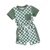 Giyim Setleri Toddler Bebek Bebek Erkek Boy Kontrast Renk Bloğu Kısa Kollu T-Shirt Damalı Ekose Şort 2 PCS Yaz Giysileri