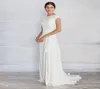 Einfaches Aline-Hochzeitskleid aus Krepp, bescheiden, mit Flügelärmeln, Stehkragen, Sweep-Zug, informelle Boho-Strand-Brautkleider für Damen, Braut-Robe 9890937