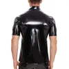 Herren-Freizeithemden, Übergröße, glänzendes PU-Leder für Männer, kurze Ärmel, voller Reißverschluss, glänzende PVC-Oberteile, Wetlook-männliches, schlankes Latex-Hemd