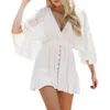 Robes décontractées dentelle mousseline de soie robe blanche douce sexy col en V manches chauve-souris dos nu mini crochet volants vacances bohème porter