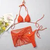 Kvinnors badkläder 2024 Sexig virkning Mesh 3 -stycken Bikini Set Halter Drawstring Swims för solid kjol Kvinnor Micro Thong Bathing Suit