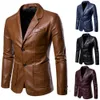 Retro Solid Color Mens Leather Suit Blazer Jacket Men Casual Business Wedding Long Sleeve Coat