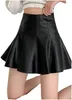 Faldas Moda Negro Volante Falda De Cuero Plisada Mujeres Temperamento Cintura Alta Sólido Línea Brillante Slim Primavera Mujer Chic A-line Wear