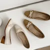 Модельные туфли, весна-осень 2024, кожаные женские туфли-лодочки на среднем высоком каблуке с жемчужными нитками и маленьким квадратным носком с бантом, деревянные каблуки Escarpins Femme