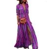 Casual klänningar kvinnors skjorta klänning randig fast färgknapp delas löst vestidos kort ärm bomullslinne långt foder för w