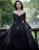 Luxury Black Lace Beaded Wedding Dresses Sheer Off The Shoulder Overskirt Feather Bridal Gowns Long Sleeves A Line Gothic robe de 6772628