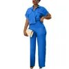 レディースツーピースパンツ女性通勤スーツエレガントなシャツセットターンダウンカラーショートスリーブ高弾性ウエストソリッドカラー