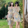 Sukienki do zmywacza Kobiety szyfonowy mini kwadratowy kołnierz lato retro w stylu retro francuska francuska żeńska streetwear temperament mody patchwork przyczynowy przyjacielu