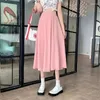 تنورات 4 ألوان ميدلة العجل نساء A-line طيات أنيقة غير رسمية نقية preppy All-Match all-Match Corean Style Faldas Largas Mujer